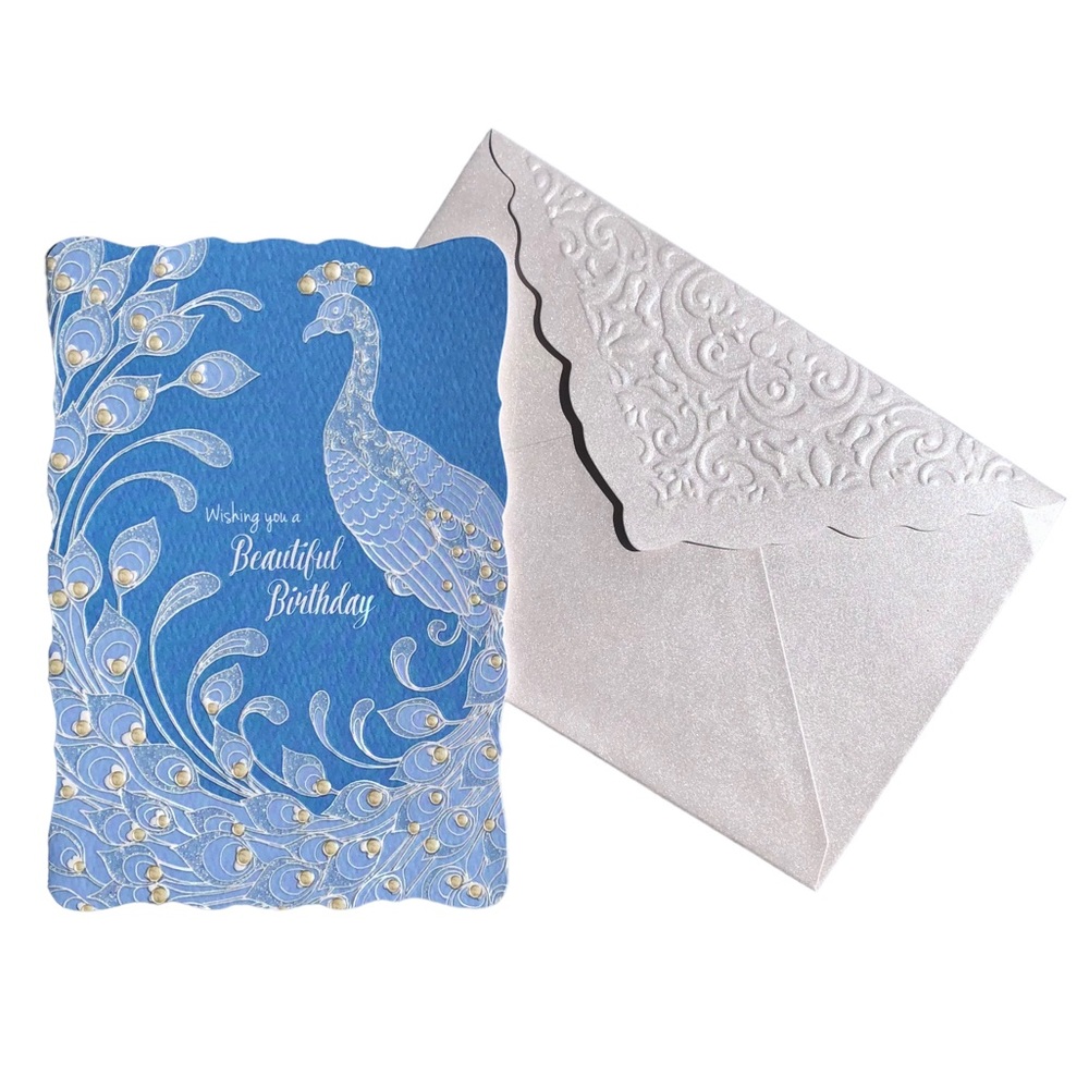 Sienna’s Garden Lace Embossed Peacock Birthday Card w/Embossed Pearlescent Env